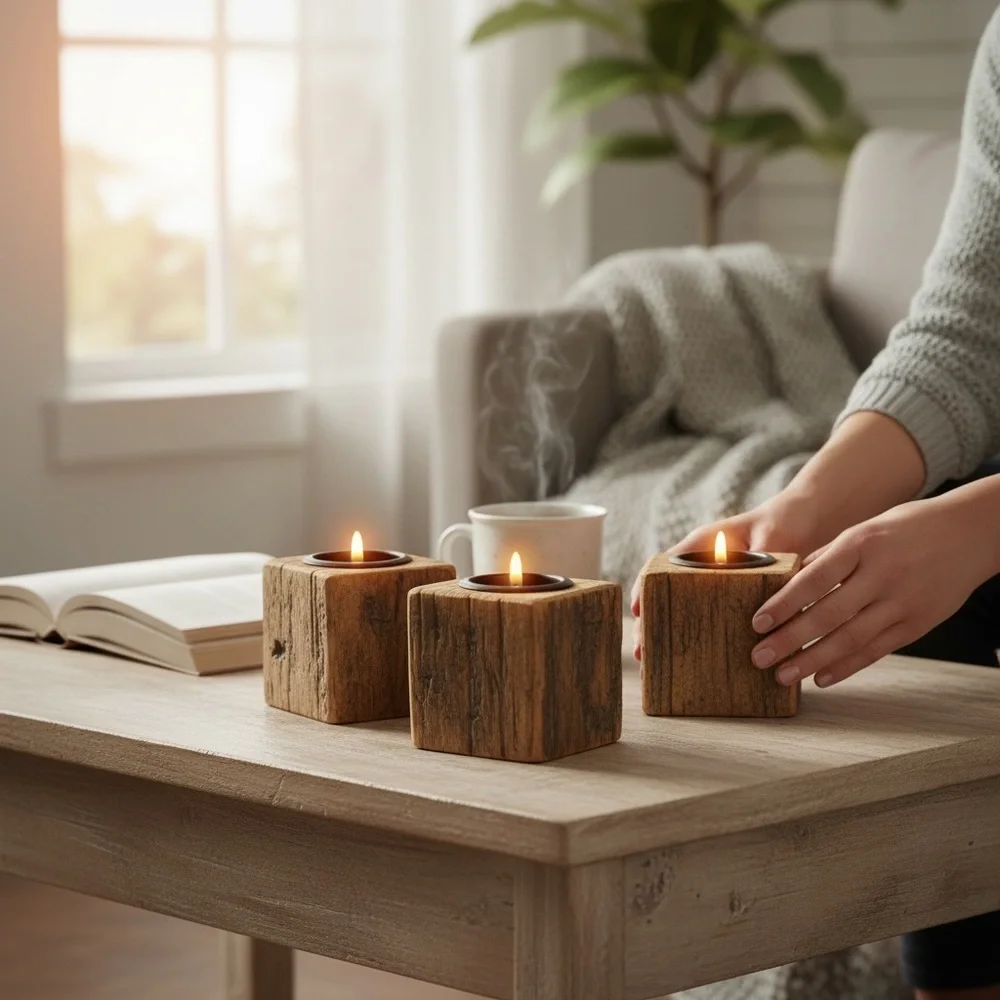 Rustic Wooden Candle Holders -‎ Set of 3